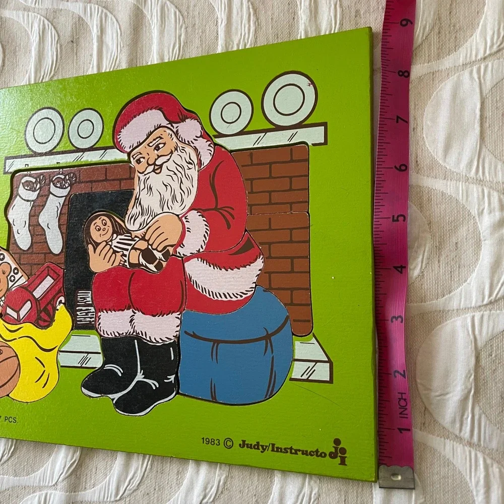 Vintage 1983 Judy Instructo Santa Claus Wooden Tray Puzzle 17pc J606079 Green